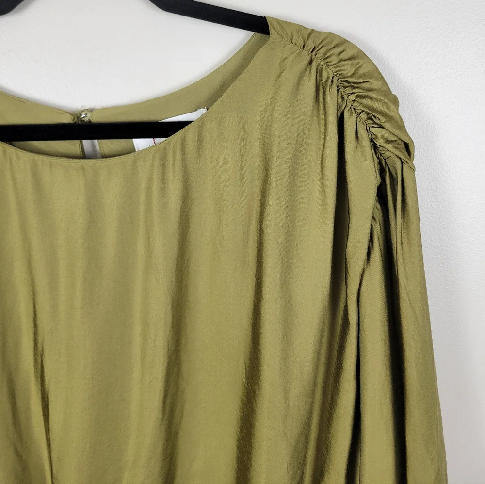 By Anthropologie Olive Green Balloon Sleeve Silky Blouse Top